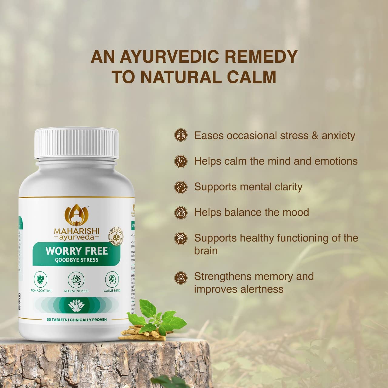 Maharishi Ayurveda Worry Free (60 Tablets) For Brain Health Support, alertness, memory, anxiety and stress
