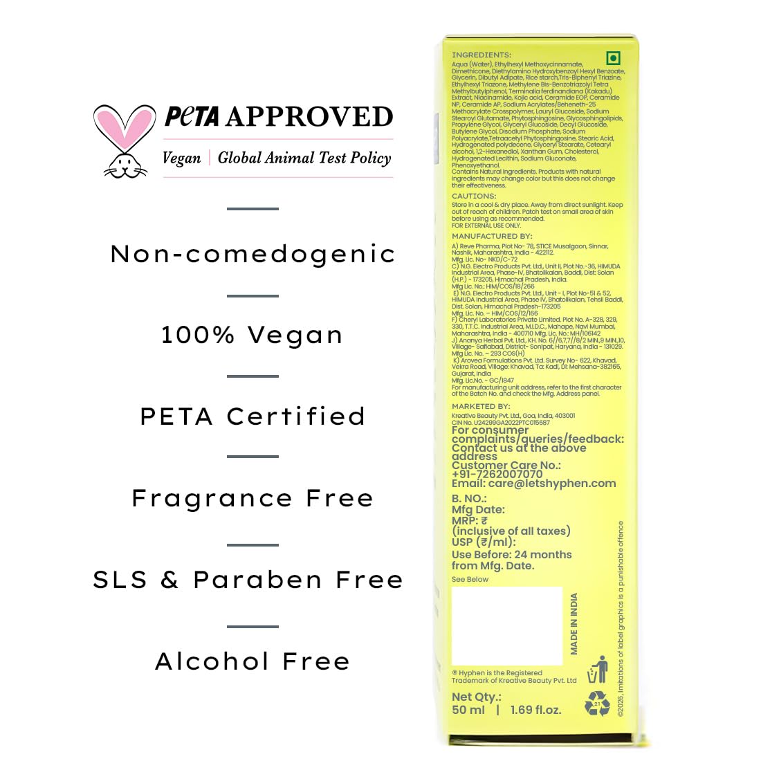 Hyphen All I Need Sunscreen SPF50 PA++++, Moisturizes, Repairs UV Damage, In-Vivo Tested (50ml)