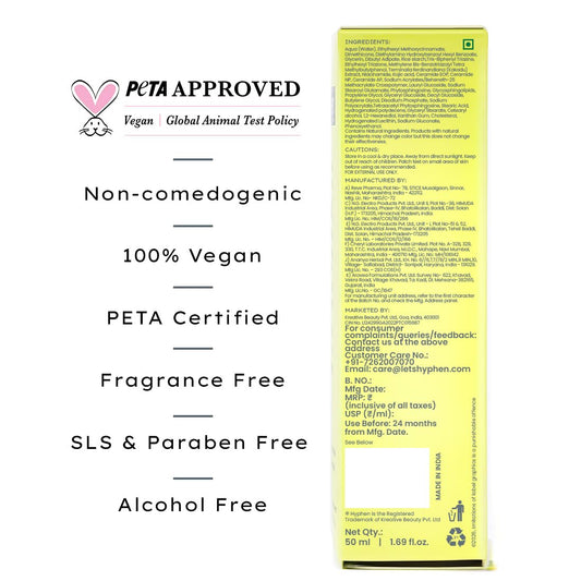 Hyphen All I Need Sunscreen SPF50 PA++++, Moisturizes, Repairs UV Damage, In-Vivo Tested (50ml)
