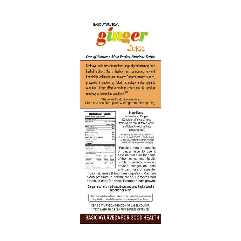 Basic Ayurveda Ginger Juice 500 ml For digestion, loss of appetite and motion sickness, bad breath