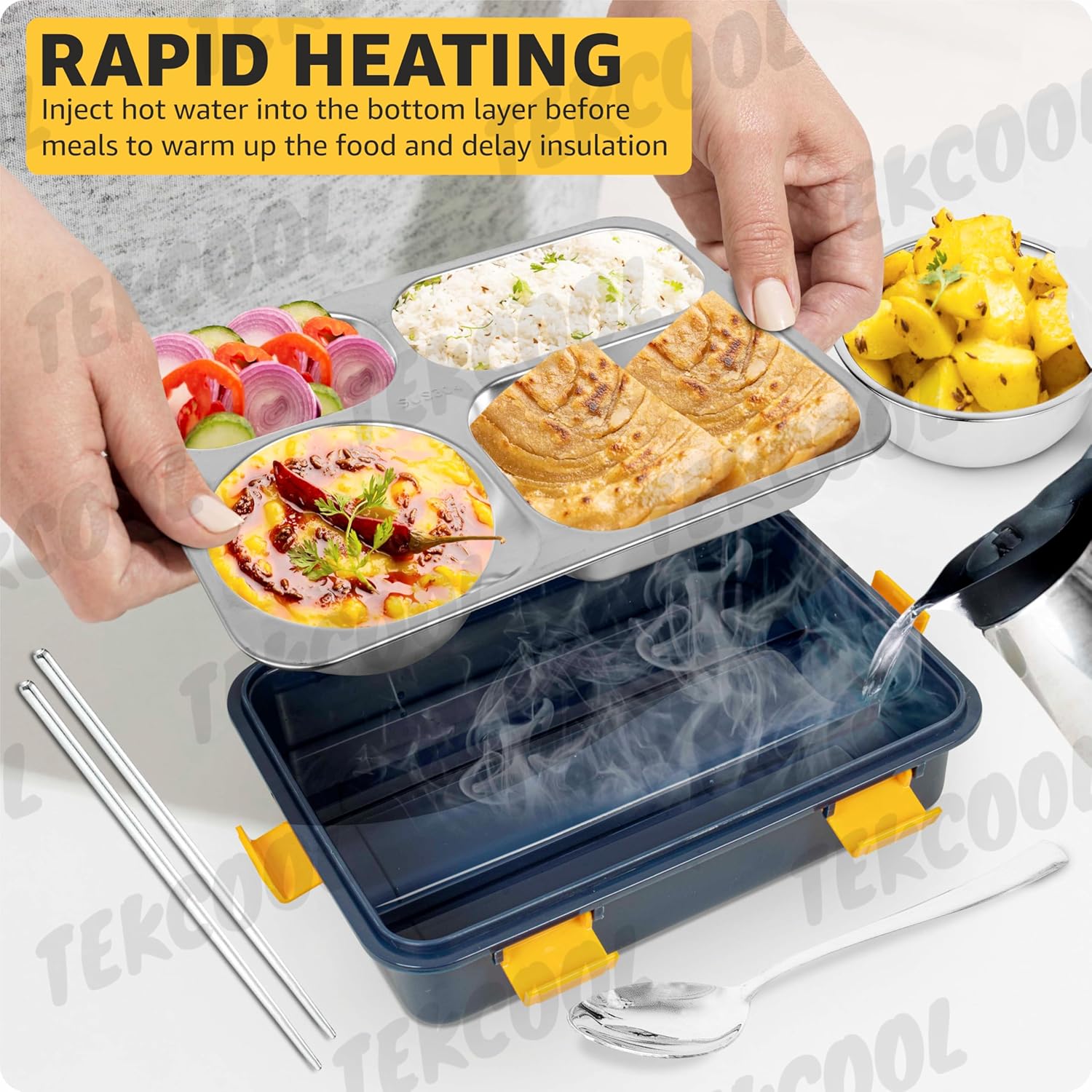 TEKCOOL Lunch Box for Adults - Lunch Box for Kids - with Spoon & Fork - Stainless Steel Lunch Box with 4 Compartment