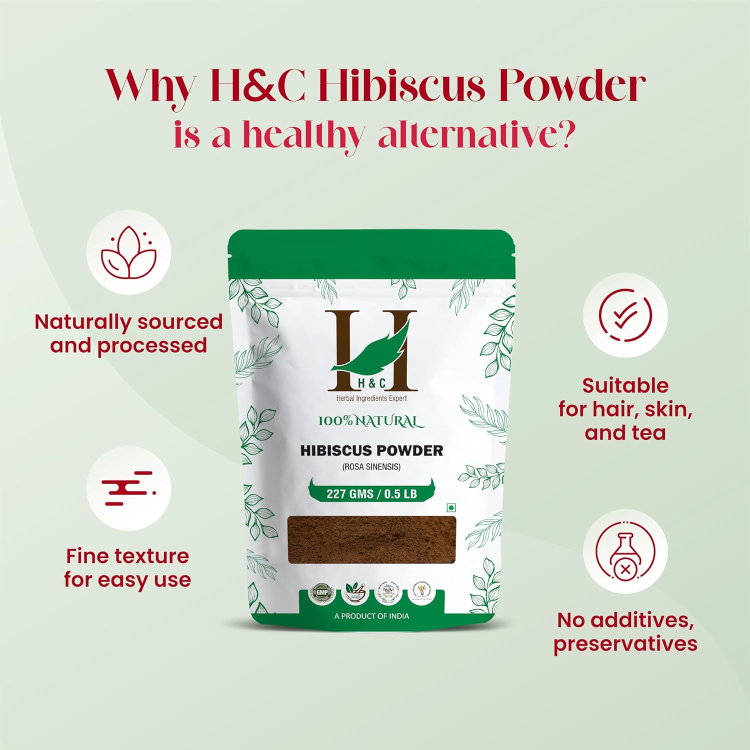 H&C Herbal Ingredients Expert 100% Natural Hibiscus Powder – 227g for For Face Pack & Hair Growth