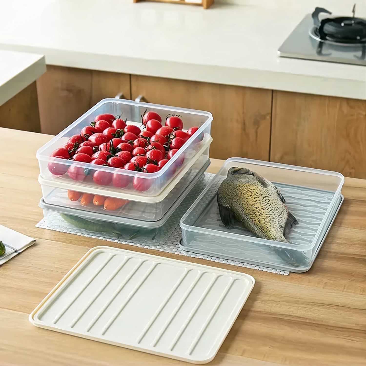 SMART SEAL Fridge Storage Container For Food,Set Of 3(1 Pcs 2500Ml,2 Pcs 1200Ml)Transparent Plastic Storage Box With Lid,Fridge Organizer Set,Freezer Container For Storing Fish,Vegetable(White)Beige