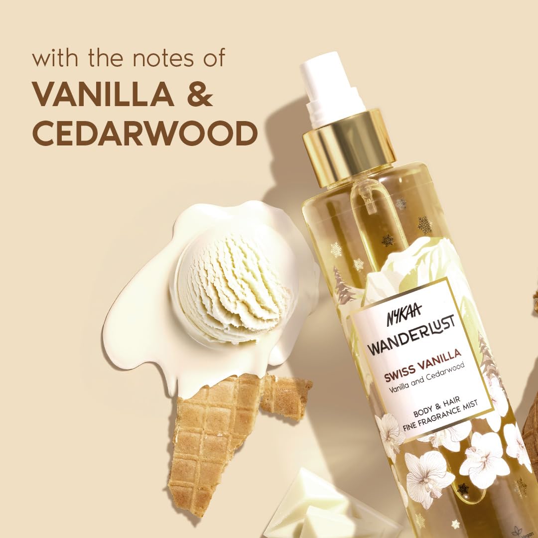 Nykaa Wanderlust Swiss Vanilla Fragrance Mist, Vanilla and Cedarwood Scent, Body and Hair Spray, Hydrating and Refreshing, Vegan and Paraben Free, 200ml