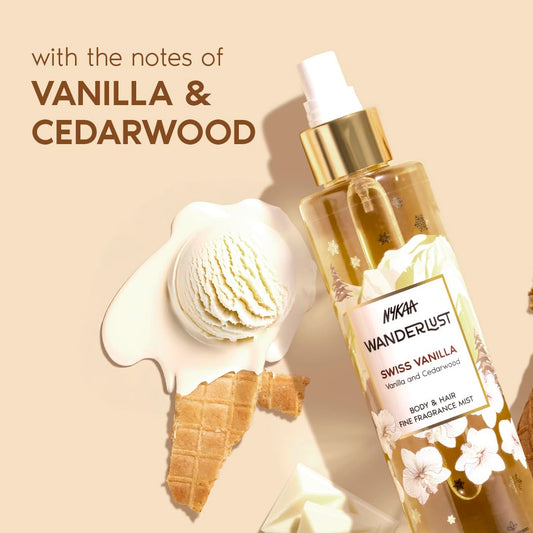 Nykaa Wanderlust Swiss Vanilla Fragrance Mist, Vanilla and Cedarwood Scent, Body and Hair Spray, Hydrating and Refreshing, Vegan and Paraben Free, 200ml