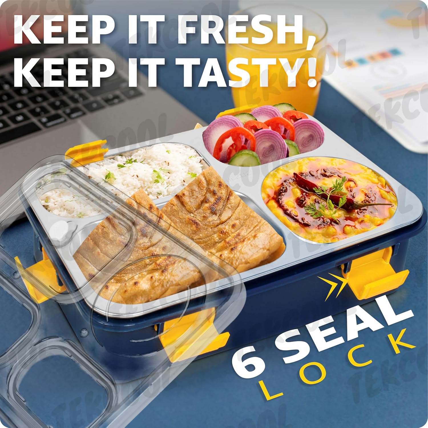 TEKCOOL Lunch Box for Adults - Lunch Box for Kids - with Spoon & Fork - Stainless Steel Lunch Box with 4 Compartment