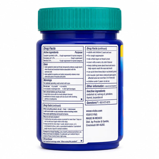 Vicks Vaporub Relief From Cold, Cough, Blocked Nose, Headache, Body ache, Muscular stiffness and Breathing difficulty, 105ml