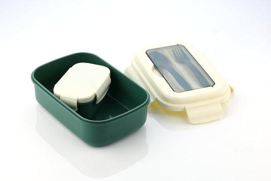 Dual-Compartment Lunch Box with Cutlery Set, 900ml Capacity, Dark Green and Cream, BPA-Free, Box-in-a-Box Design, Includes Fork and Spoon
