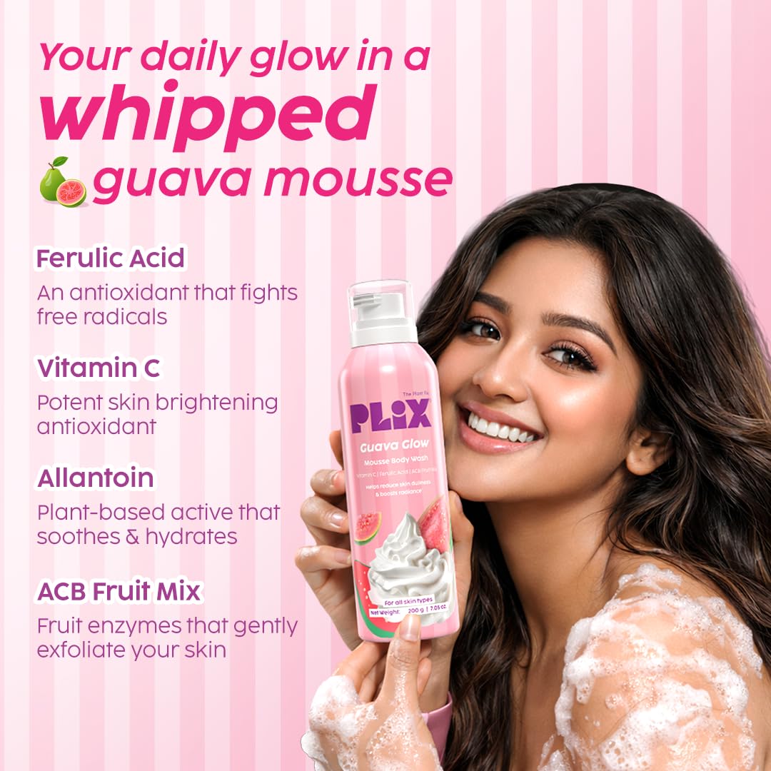 PLIX THE PLANT FIX Guava Mousse Body Wash | Whipped Foaming Cleanser for Glowy, Hydrated & Smooth Skin | Brightening with Vitamin C & Ferulic Acid | Gentle Exfoliation | Lightweight Texture | For Men & Women