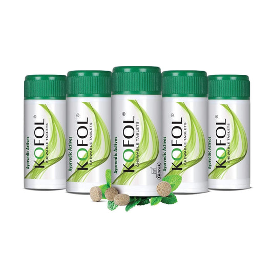 Kofol Chewable Tablets | Ayurvedic Relief for Sore Throat & Dry Cough | Sugar-Free, Easy to Carry, Quick & Effective Throat Care – 90 Tablets (Pack of 5)