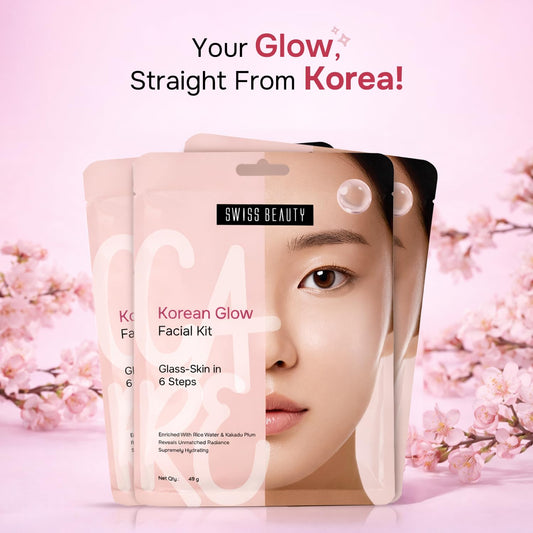 Swiss Beauty Care Korean Glow Facial Kit | 6-Steps For Glass-Skin | Adds Instant Radiance | Fades Dark Spots | Clarifies & Nourishes | With Kakadu Plum & Rice | 49g