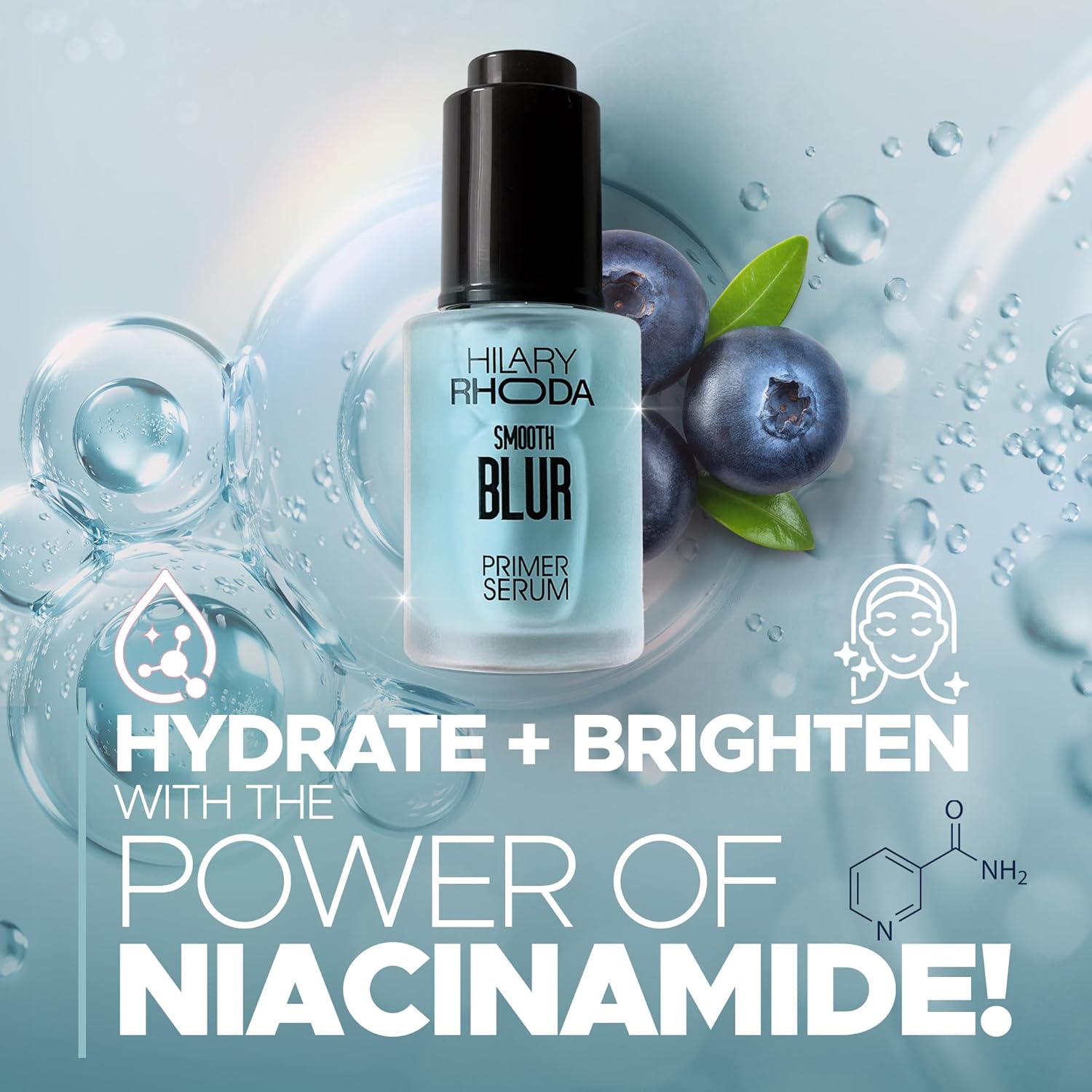 Hilary Rhoda Smooth Blur Primer Serum for face | Pore Minimizer | Niacinamide Infused | Hydrating Makeup Primer | Smooth & Glowing Skin | (Blueberry Shade 02) - 30ml