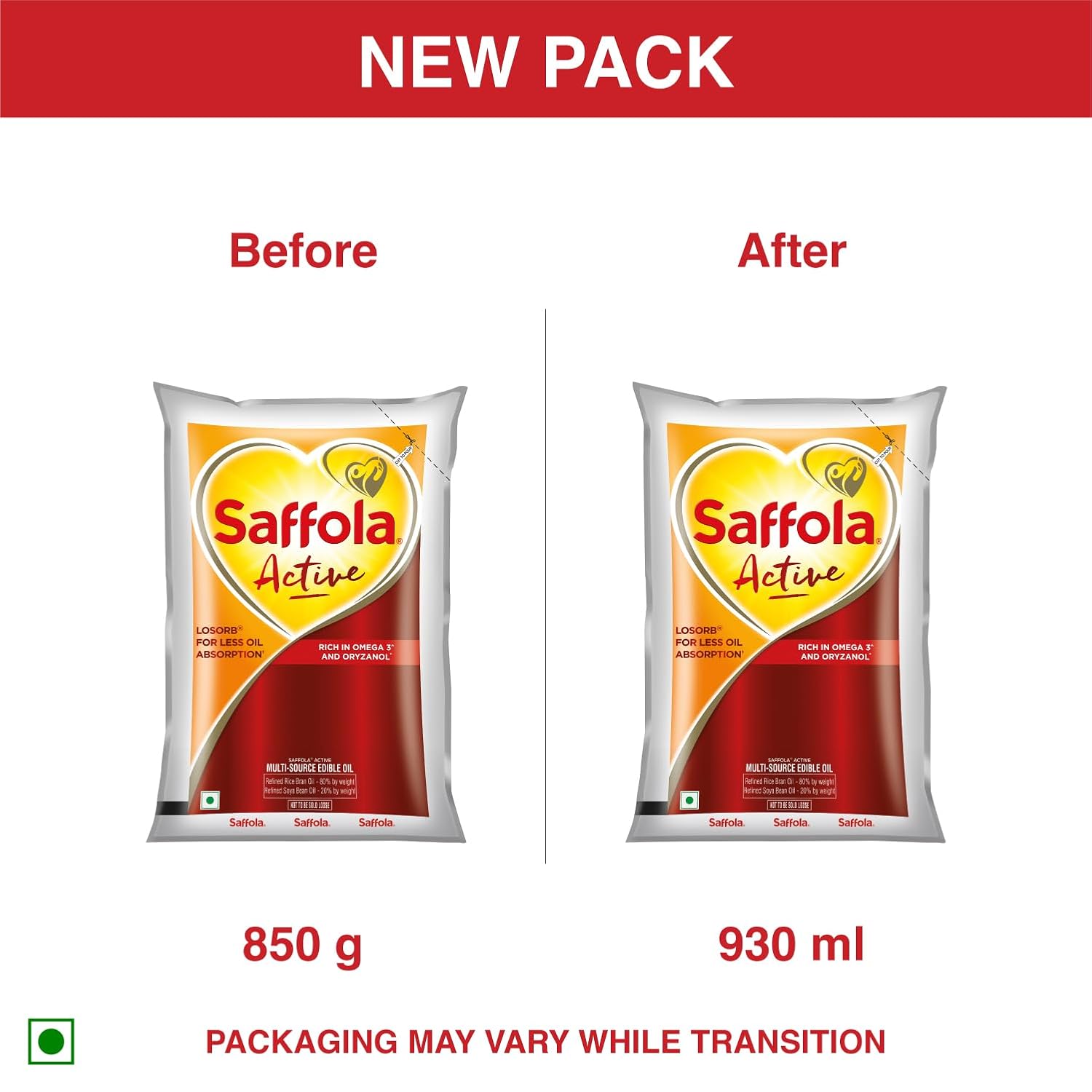 Saffola Active Refined Cooking oil | Rich in Omega 3 & Oryzanol | Multi-Source Edible Rice Bran & Soyabean oil | 930ml / 850g pouch