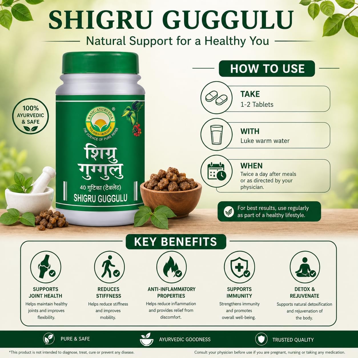 Basic Ayurveda Shigru Guggulu Tablet 40 Tablets For inflammation and pain, stiffening