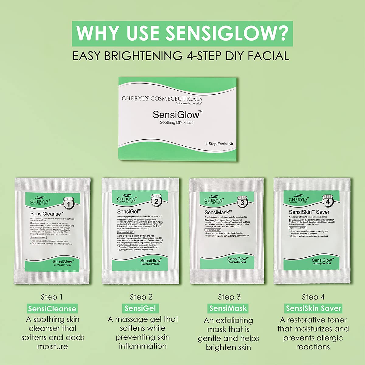 Cheryl’s Cosmeceuticals SensiGlow 1 Pack Skin Soothing 4-step Easy DIY Anti -Irritant Facial Kit for Sensitive Skin for Women and Men, 17 gm