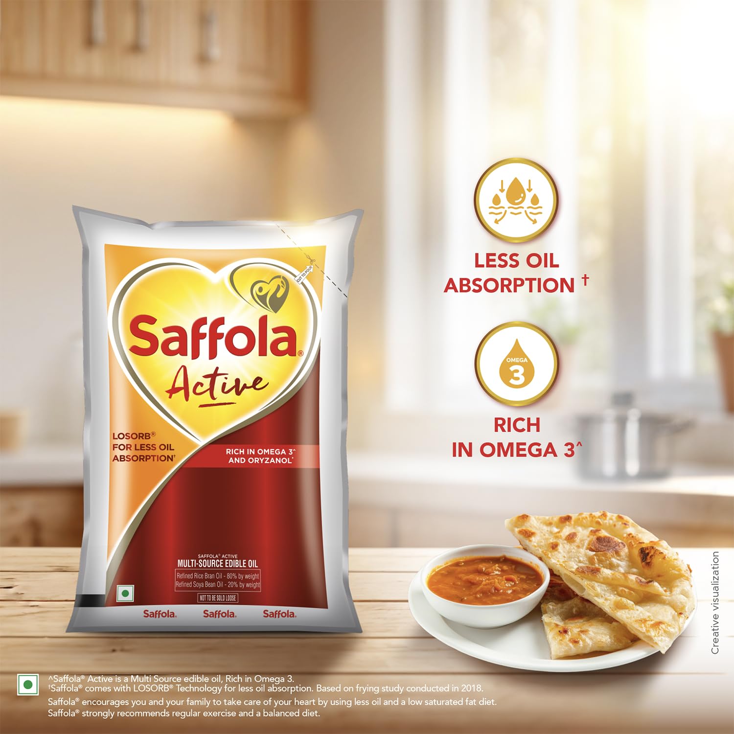 Saffola Active Refined Cooking oil | Rich in Omega 3 & Oryzanol | Multi-Source Edible Rice Bran & Soyabean oil | 930ml / 850g pouch