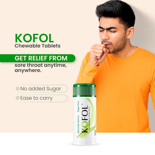 Kofol Chewable Tablets | Ayurvedic Relief for Sore Throat & Dry Cough | Sugar-Free, Easy to Carry, Quick & Effective Throat Care – 90 Tablets (Pack of 5)