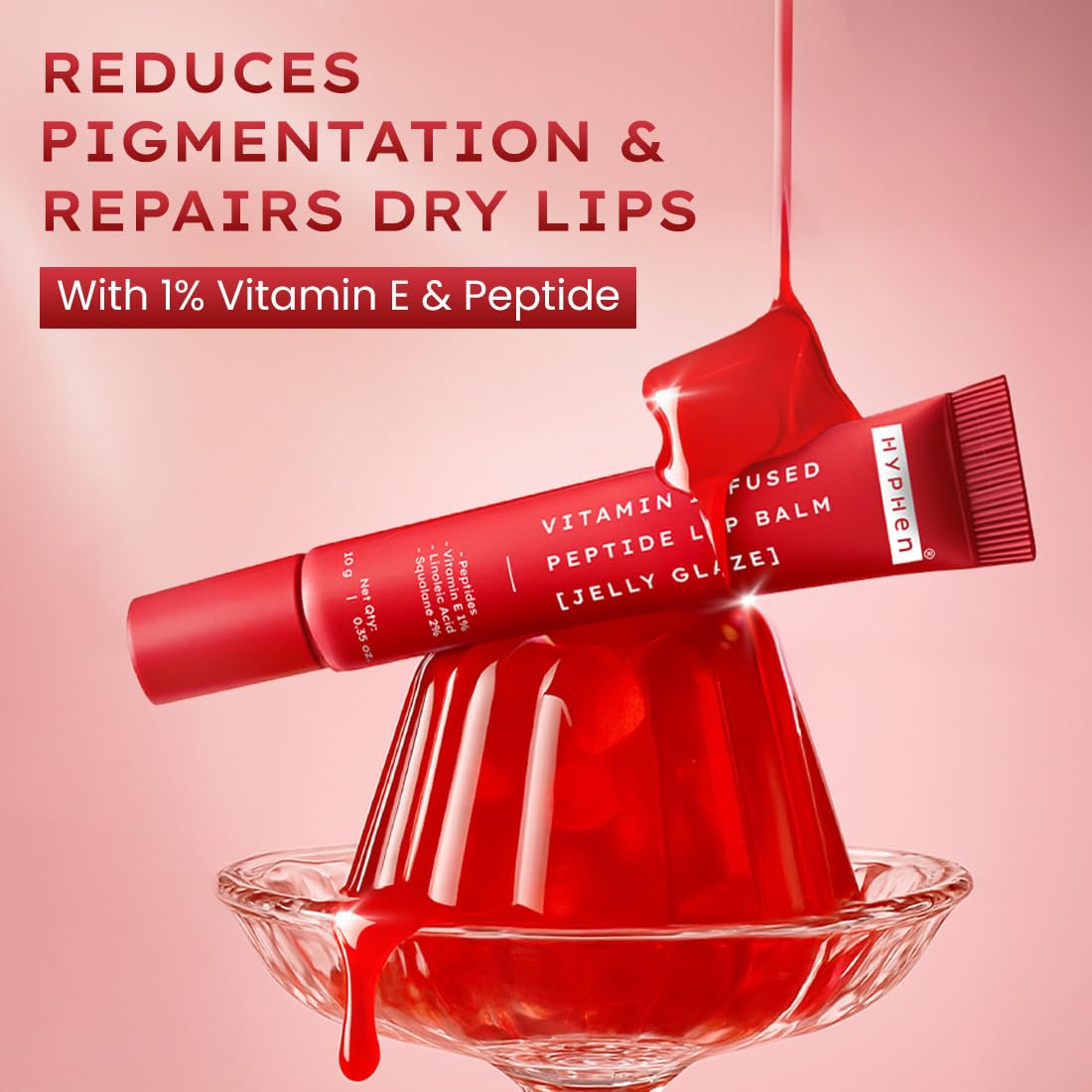 Hyphen Tinted Lip Balm, Brightens Dark & Dry Lips - 1% Vitamin E, Peptide & Squalane - Jelly Glaze (10g)