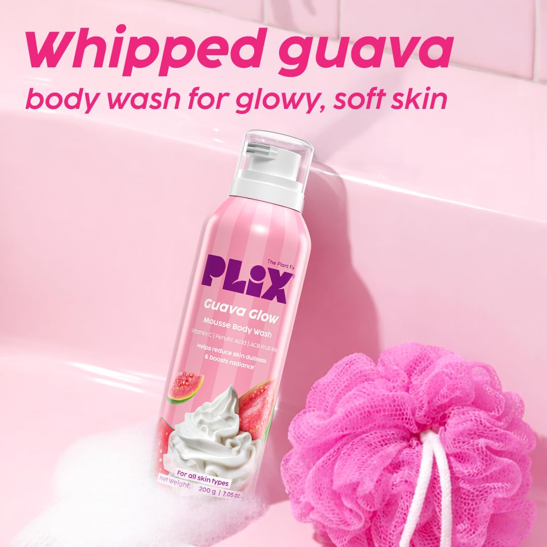 PLIX THE PLANT FIX Guava Mousse Body Wash | Whipped Foaming Cleanser for Glowy, Hydrated & Smooth Skin | Brightening with Vitamin C & Ferulic Acid | Gentle Exfoliation | Lightweight Texture | For Men & Women
