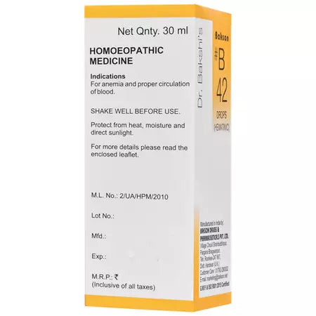 Bakson B42 Hematinic Drops (30ml) For Anemia, Blood Circulation, Weakness, Hemoglobin level