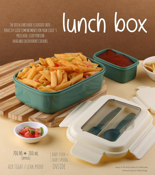 Dual-Compartment Lunch Box with Cutlery Set, 900ml Capacity, Dark Green and Cream, BPA-Free, Box-in-a-Box Design, Includes Fork and Spoon