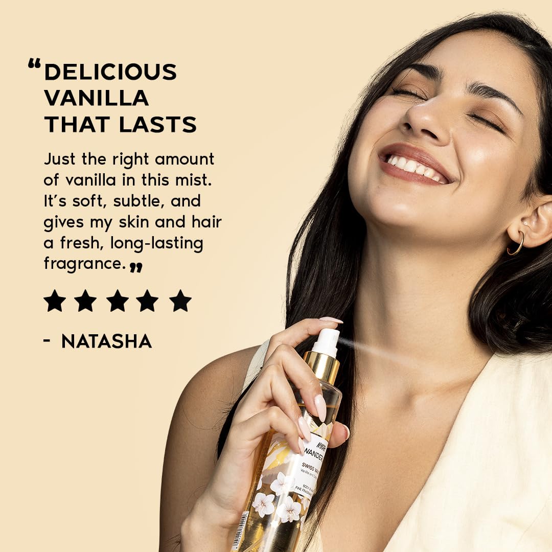 Nykaa Wanderlust Swiss Vanilla Fragrance Mist, Vanilla and Cedarwood Scent, Body and Hair Spray, Hydrating and Refreshing, Vegan and Paraben Free, 200ml