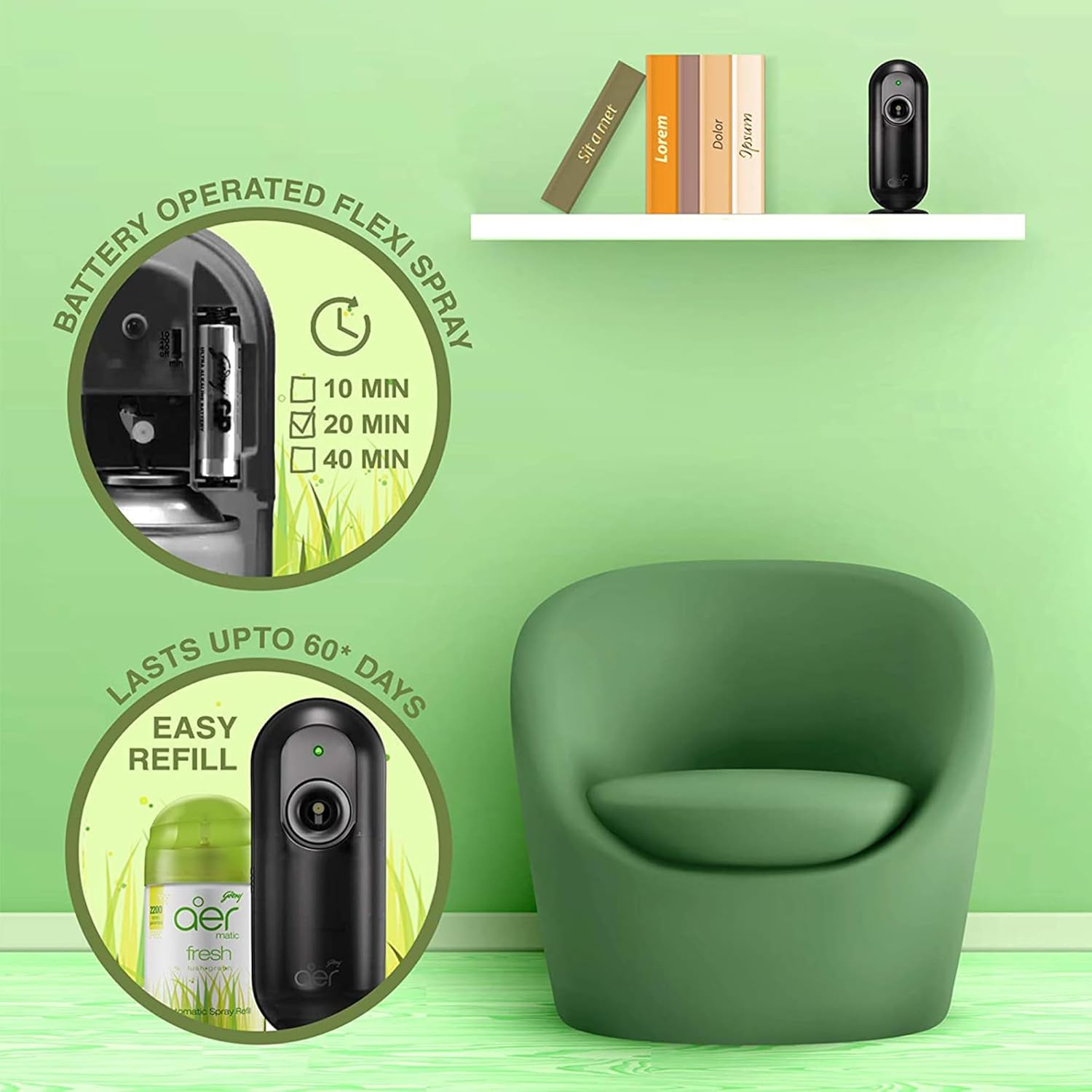 Godrej aer Matic Automatic Room Fresheners Refill Pack | Fresh Lush Green | 2200 Sprays Guaranteed | Lasts up to 60 days (210ml)
