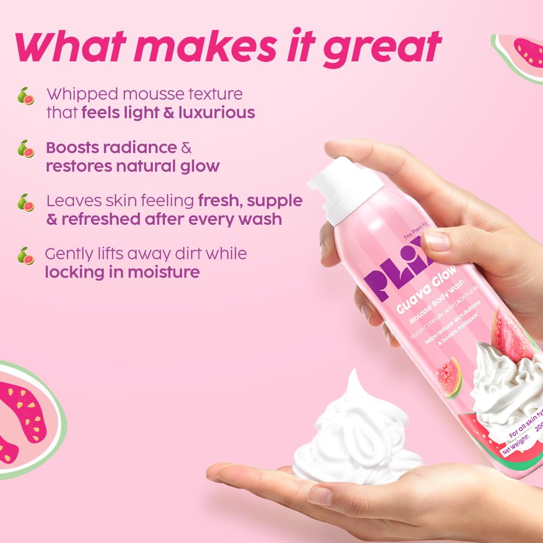 PLIX THE PLANT FIX Guava Mousse Body Wash | Whipped Foaming Cleanser for Glowy, Hydrated & Smooth Skin | Brightening with Vitamin C & Ferulic Acid | Gentle Exfoliation | Lightweight Texture | For Men & Women