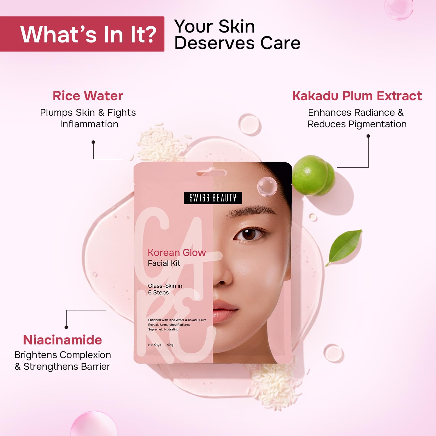 Swiss Beauty Care Korean Glow Facial Kit | 6-Steps For Glass-Skin | Adds Instant Radiance | Fades Dark Spots | Clarifies & Nourishes | With Kakadu Plum & Rice | 49g