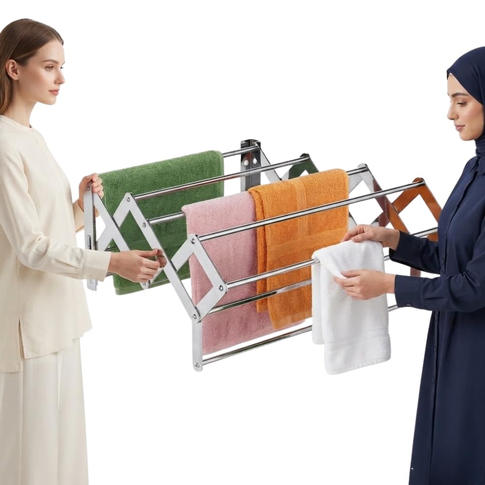 Drumstone (𝐒𝐩𝐞𝐜𝐢𝐚𝐥 𝟏𝟓 𝐘𝐞𝐚𝐫𝐬 𝐖𝐚𝐫𝐫𝐚𝐧𝐭𝐲 Stainless Steel Wall Mounted Foldable Zig Zag Clothes Drying Stand | Heavy Duty 7 Rod 2 Feet Towel & Laundry Rack | Balcony