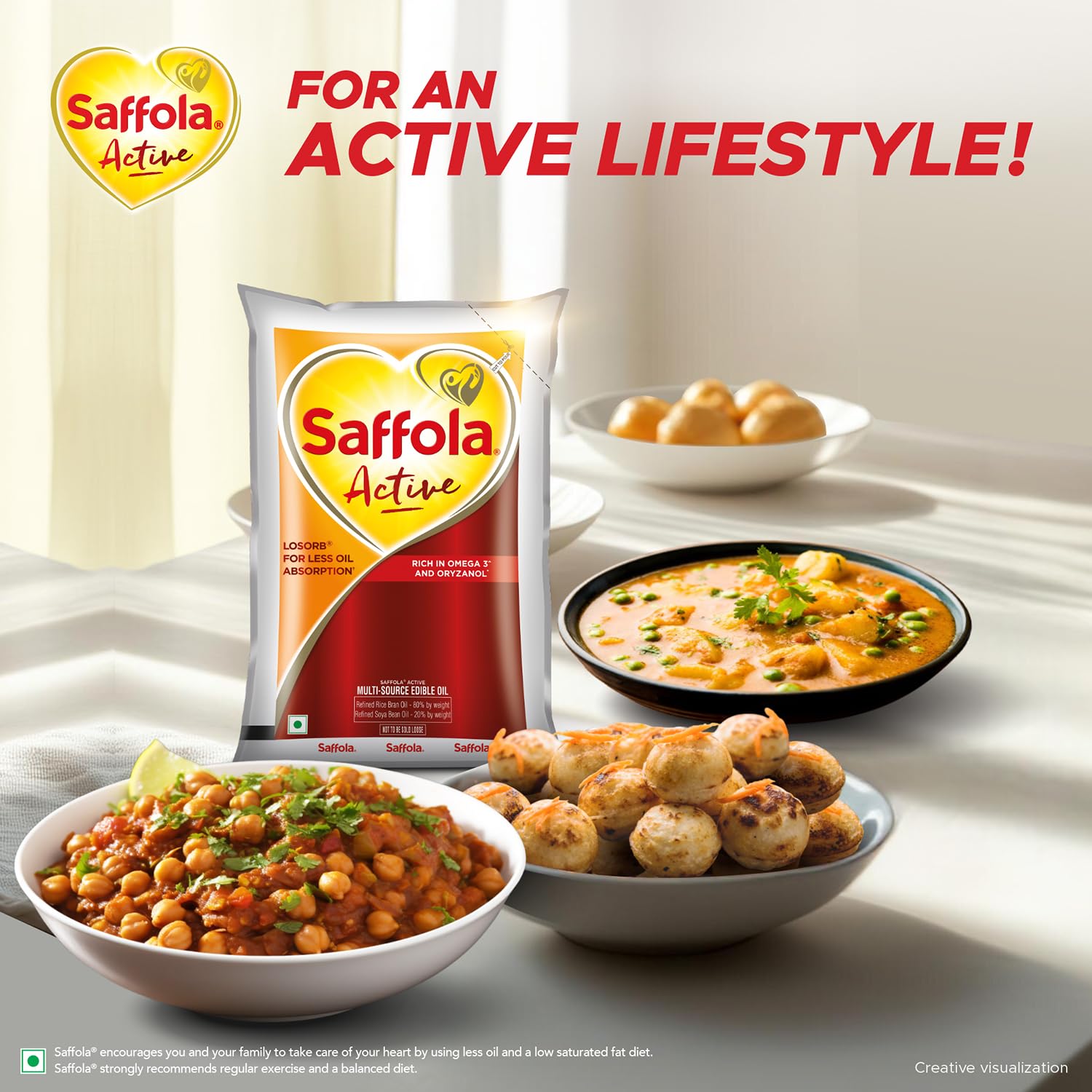 Saffola Active Refined Cooking oil | Rich in Omega 3 & Oryzanol | Multi-Source Edible Rice Bran & Soyabean oil | 930ml / 850g pouch