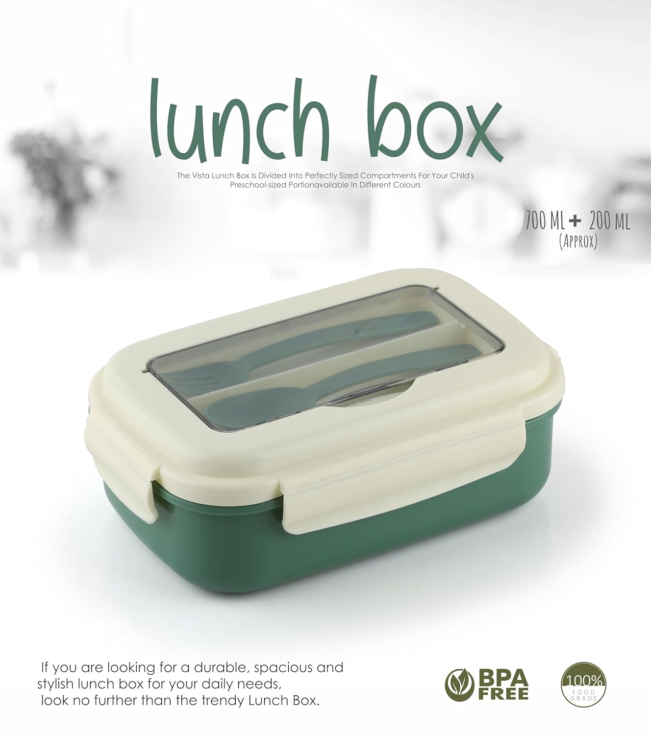 Dual-Compartment Lunch Box with Cutlery Set, 900ml Capacity, Dark Green and Cream, BPA-Free, Box-in-a-Box Design, Includes Fork and Spoon