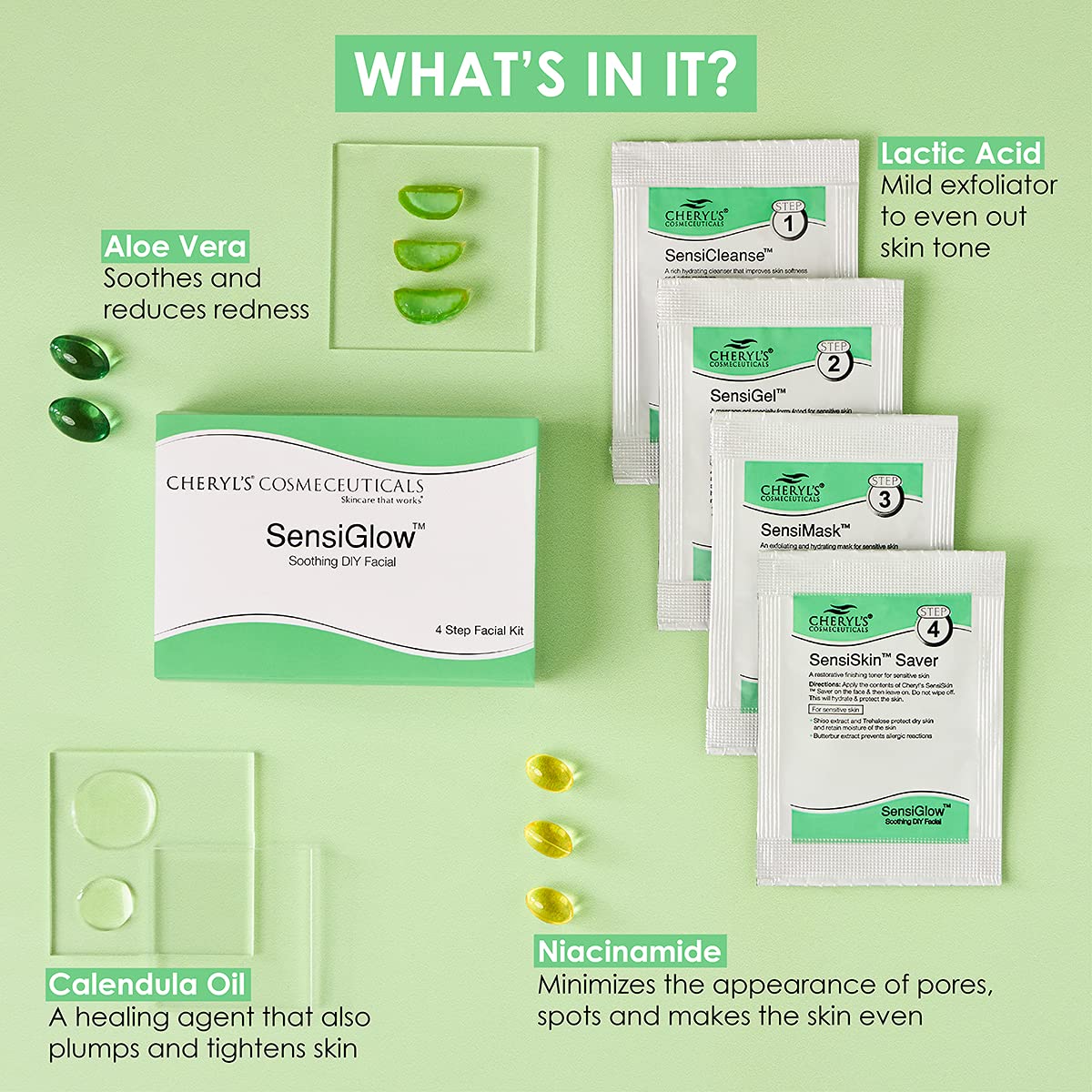 Cheryl’s Cosmeceuticals SensiGlow 1 Pack Skin Soothing 4-step Easy DIY Anti -Irritant Facial Kit for Sensitive Skin for Women and Men, 17 gm