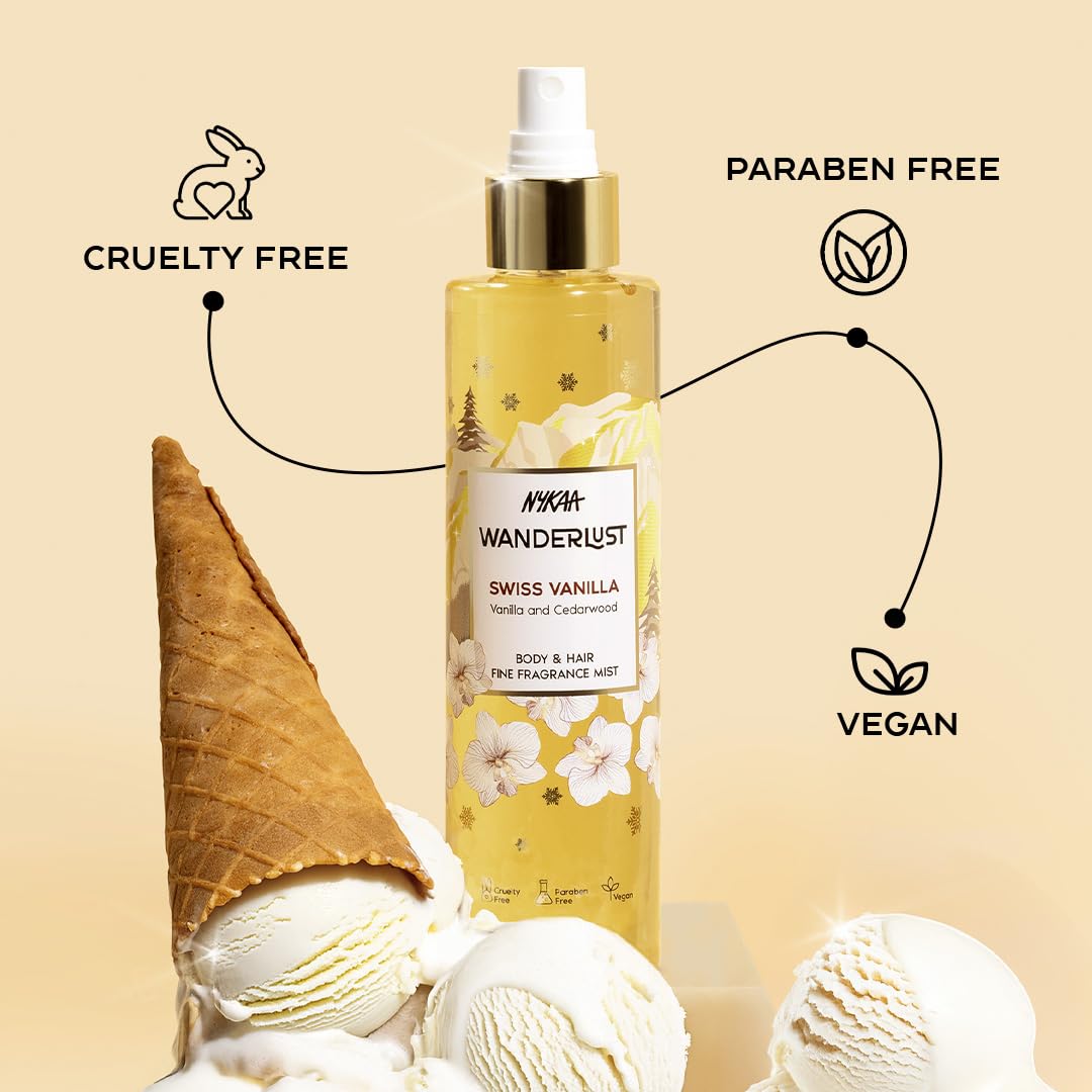 Nykaa Wanderlust Swiss Vanilla Fragrance Mist, Vanilla and Cedarwood Scent, Body and Hair Spray, Hydrating and Refreshing, Vegan and Paraben Free, 200ml
