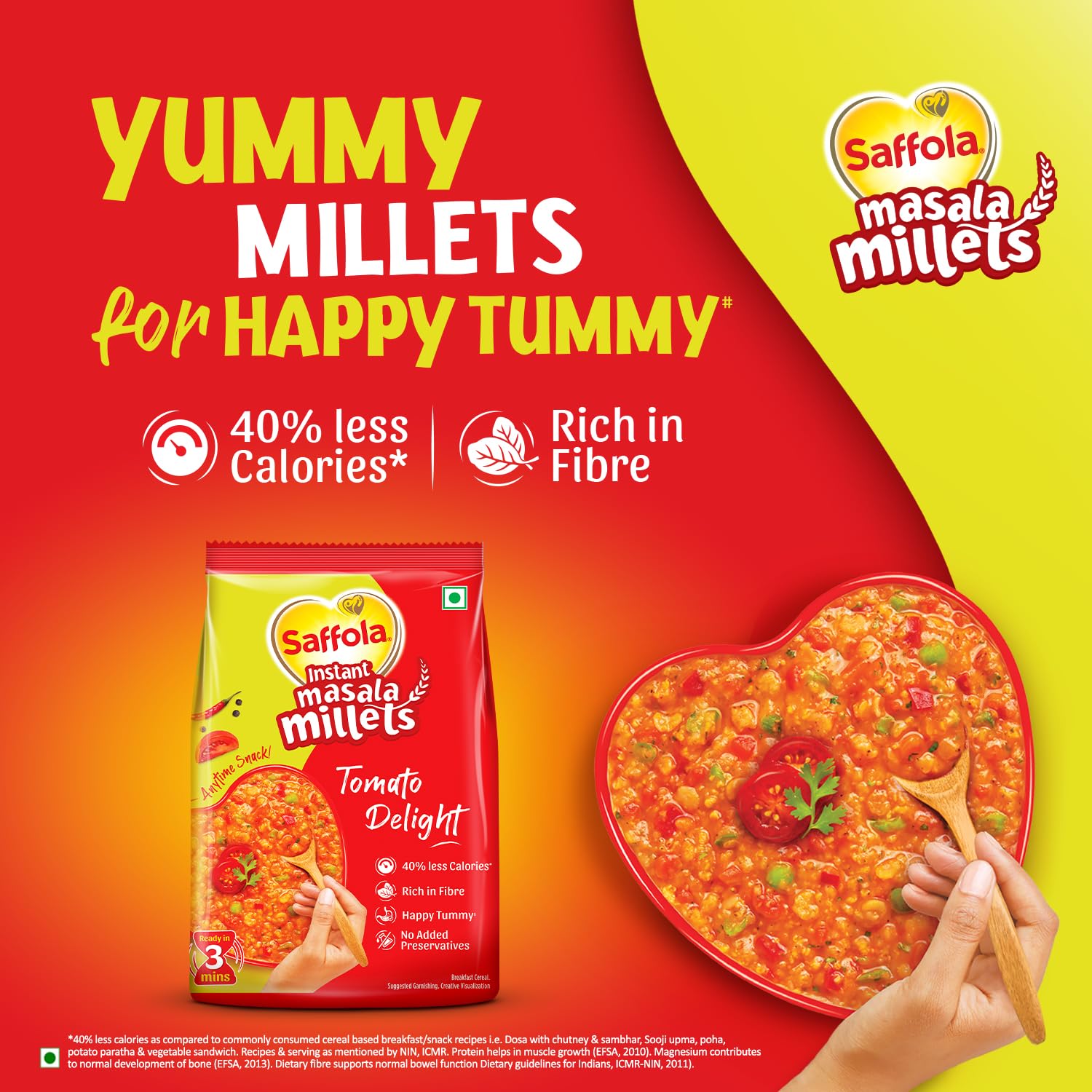Saffola Masala Millets Tomato Delight| Lower in calories, Rich in Fibre | Yummy Millets for Happy Tummy, 225g
