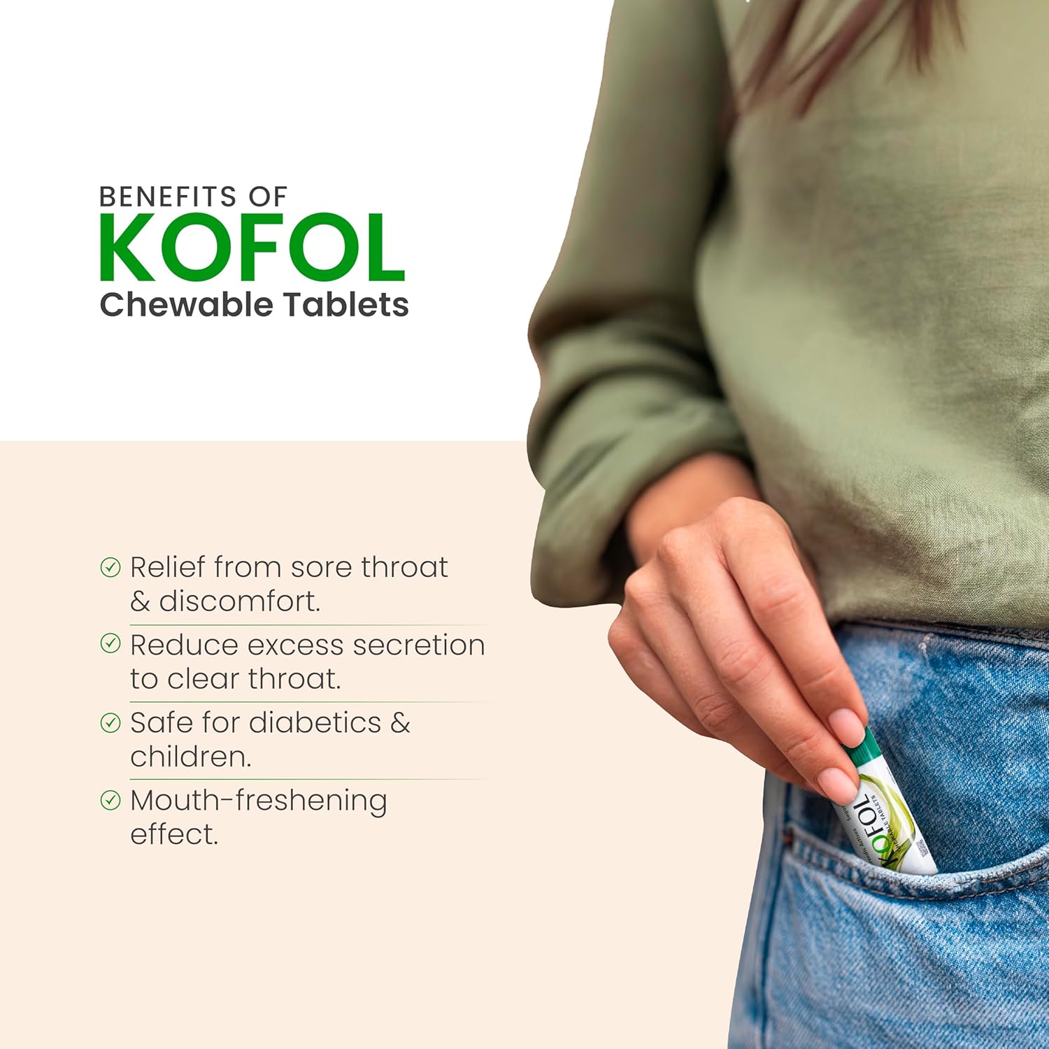 Kofol Chewable Tablets | Ayurvedic Relief for Sore Throat & Dry Cough | Sugar-Free, Easy to Carry, Quick & Effective Throat Care – 90 Tablets (Pack of 5)