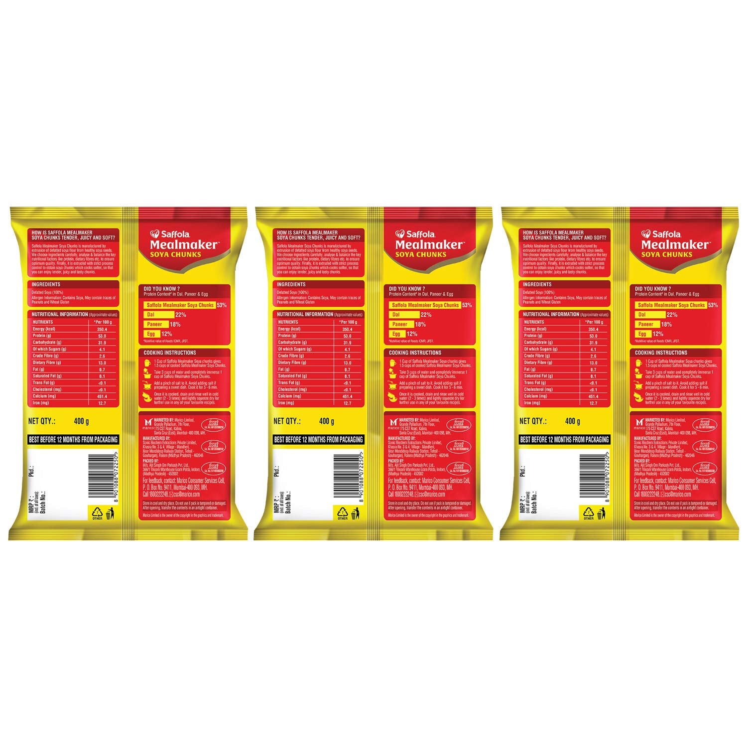 Saffola Mealmaker SOYA Chunks with Supersoft Technology, Tender & Juicy, Pouch 3 x 400gm