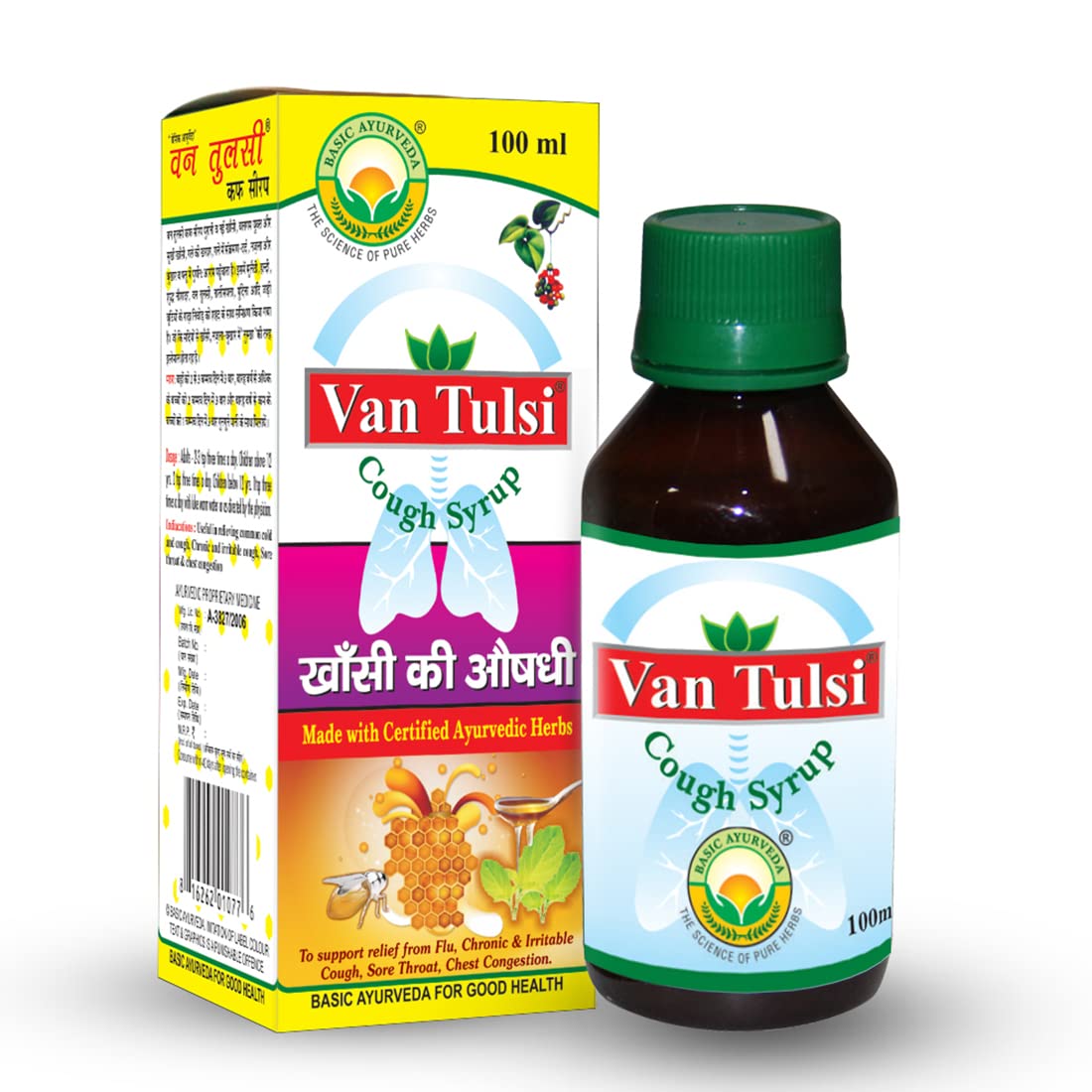 Basic Ayurveda Van Tulsi Cough Syrup 100 ml For Chest Congestion, Cough, sinusitis, and congestion