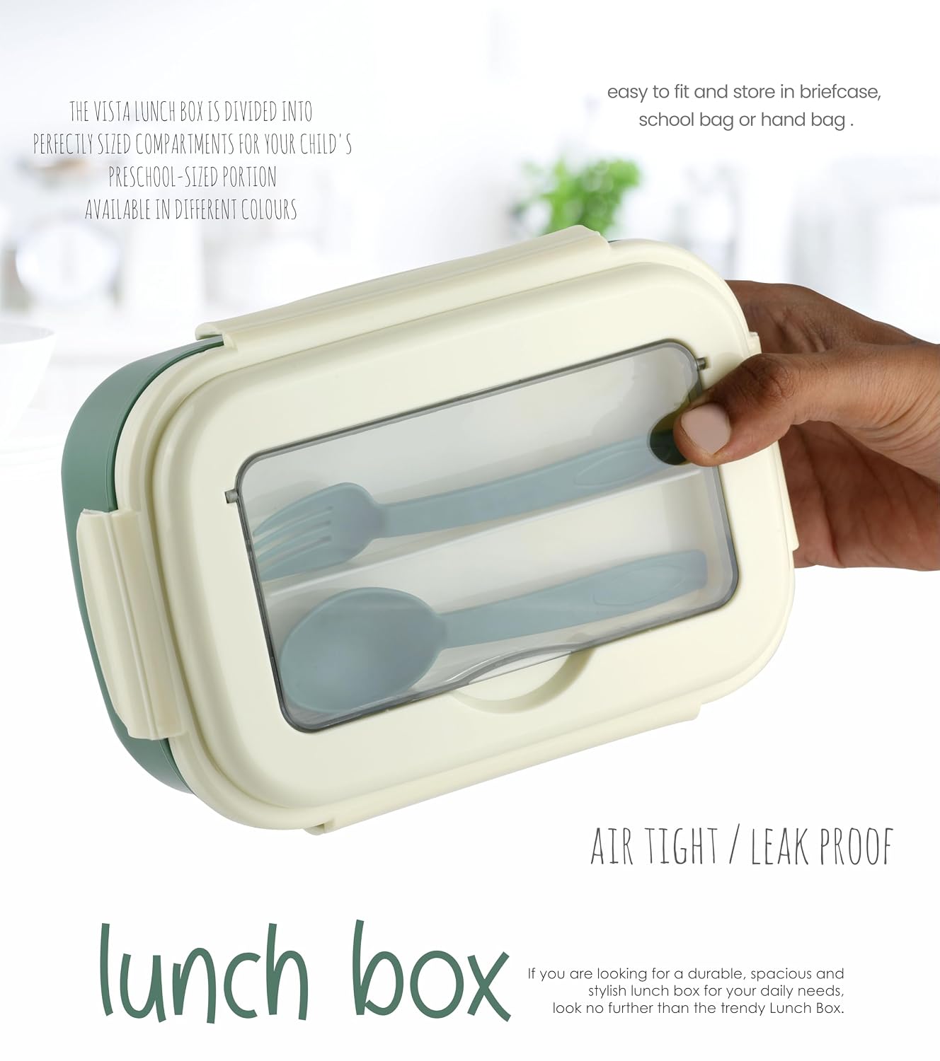 Dual-Compartment Lunch Box with Cutlery Set, 900ml Capacity, Dark Green and Cream, BPA-Free, Box-in-a-Box Design, Includes Fork and Spoon