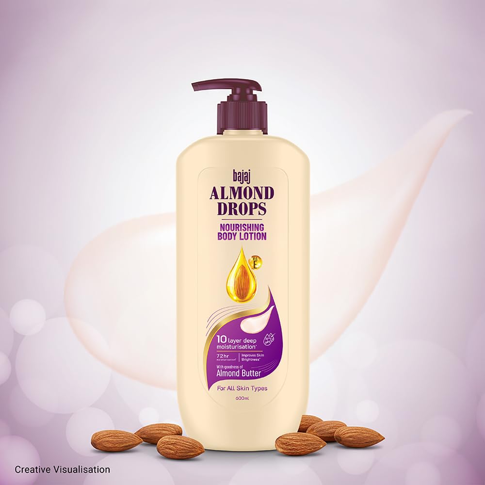 Bajaj Almond Drops Nourishing Body Lotion With Almond Butter | 72 Hr Moisture Retention | Enhances Skin Glow | Improves Skin Barrier | For All Skin Types | 600 ML