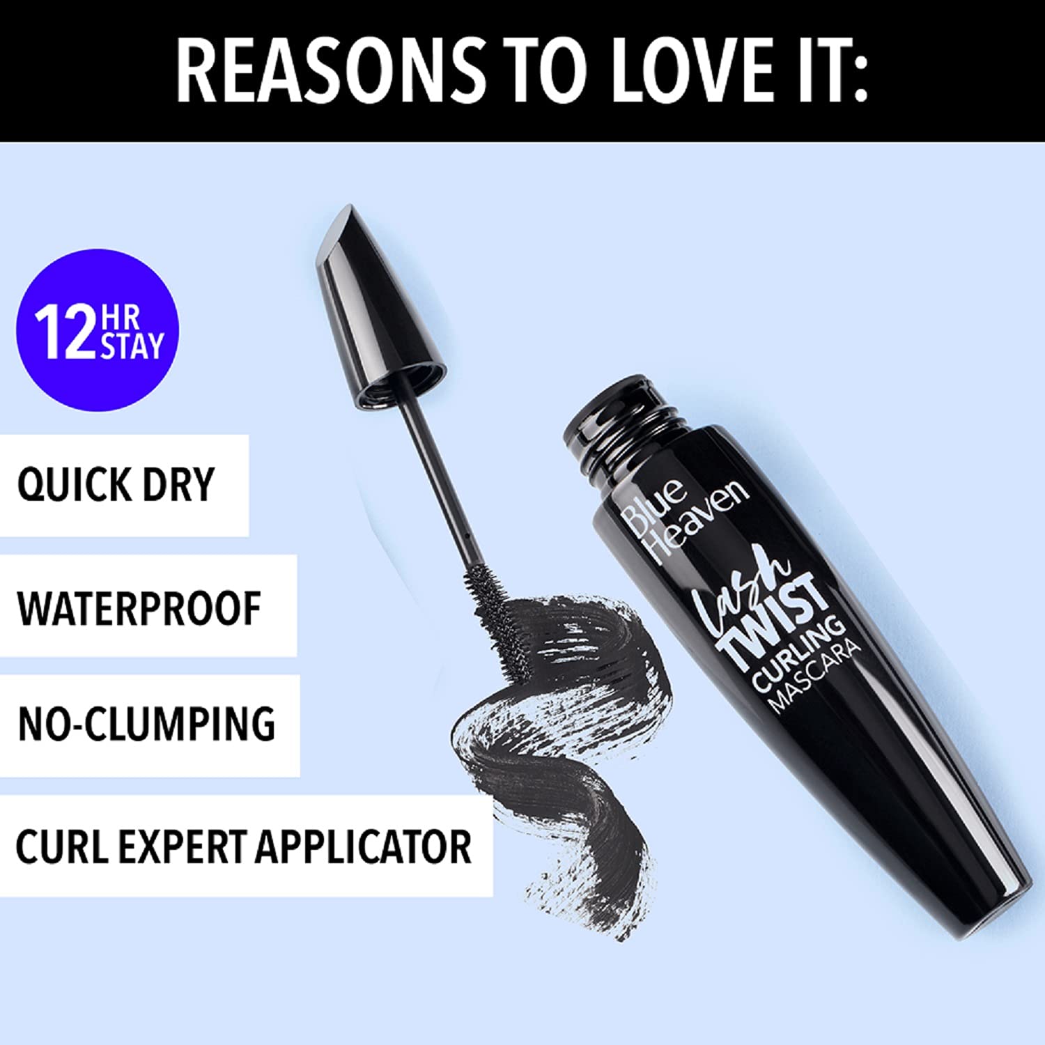 Blue Heaven Lash Twist Curling Mascara for Women | Waterproof, Smudge Proof & Long Lasting | Quick Dry, No Clumping | Intense Black Volumizing & Curling Mascara | 12ml