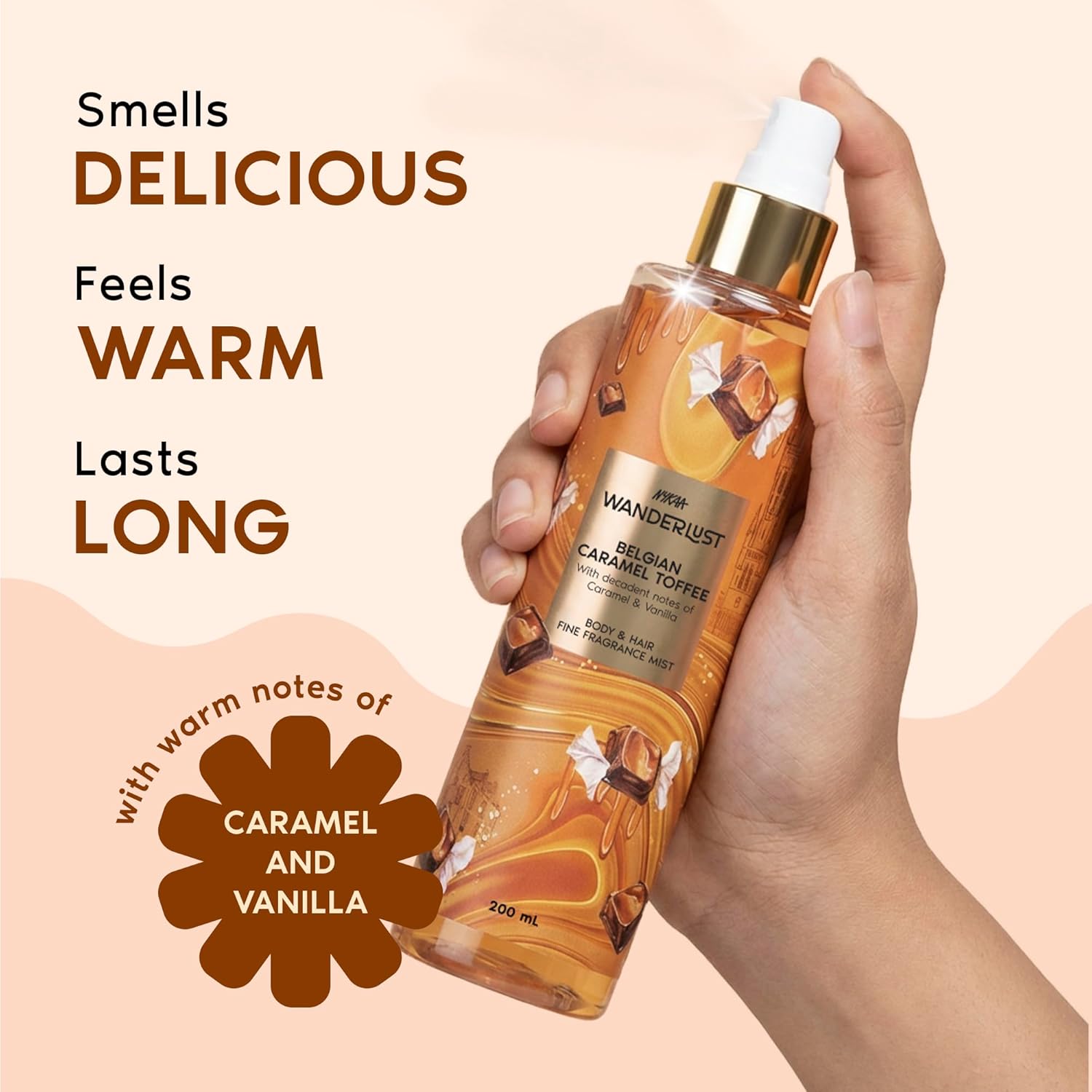Nykaa Wanderlust Belgian Caramel Toffee Body & Hair Fine Fragrance I Perfume Mist for Women – 200 ml I