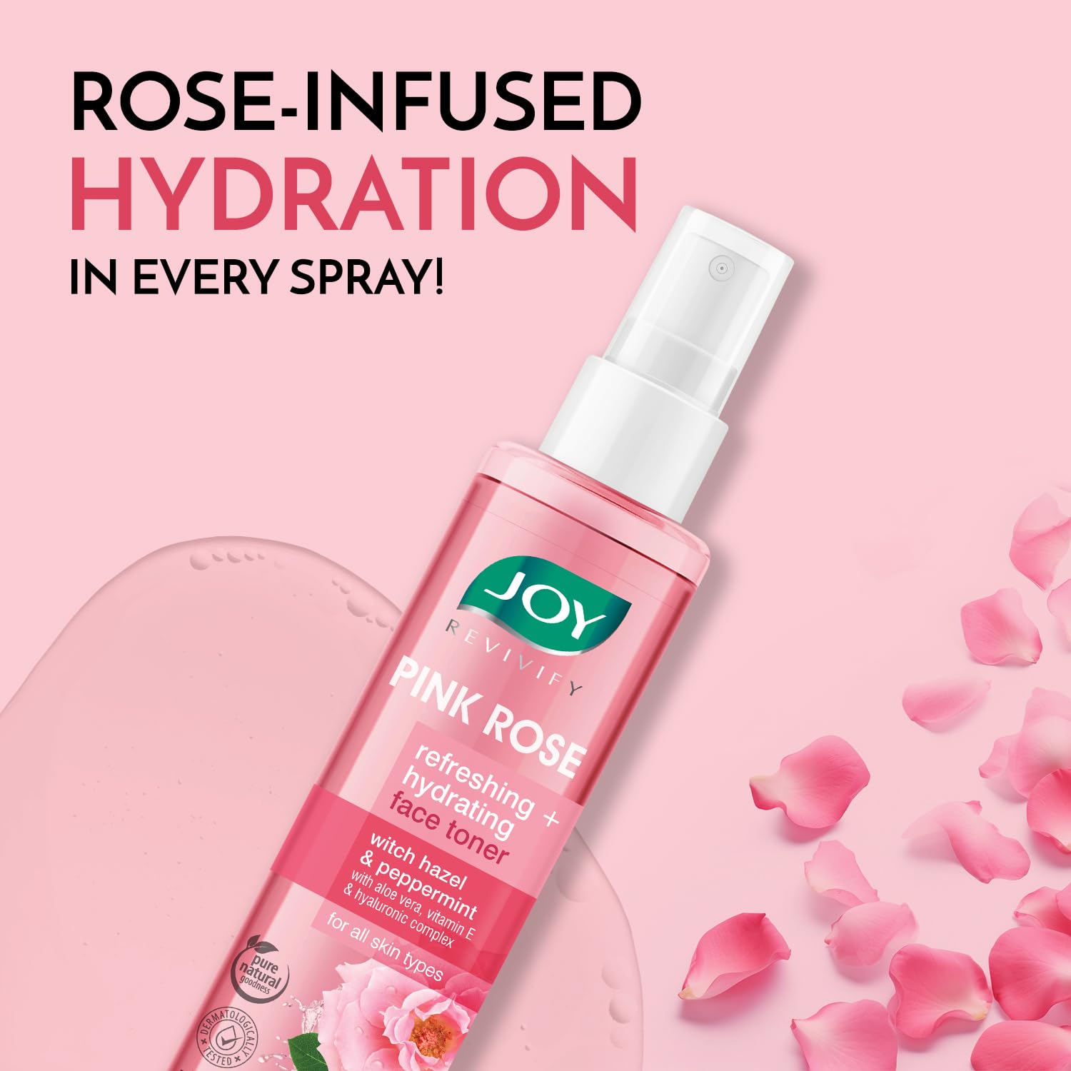 Joy Pink Rose Water Toner with Vitamin E, Hyaluronic Acid & Aloe Vera for Hydrating & Refreshing Skin (150ml)