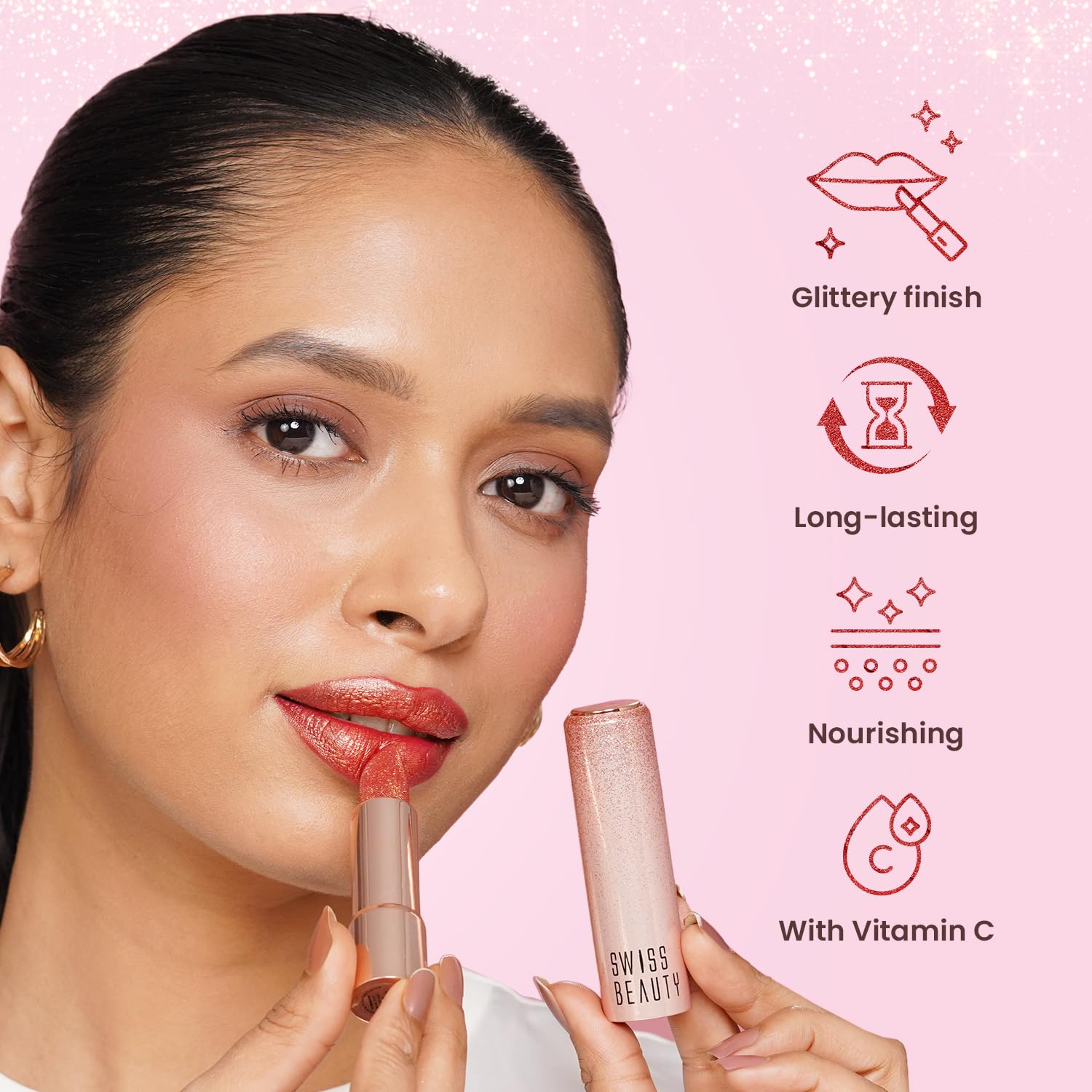 Swiss Beauty More Than Glitter Lipstick | Glittery Finish | Nourishing | With Vitamin C | One Swipe Smooth Glide | Shade- 2 Glitz Pink, 3gm