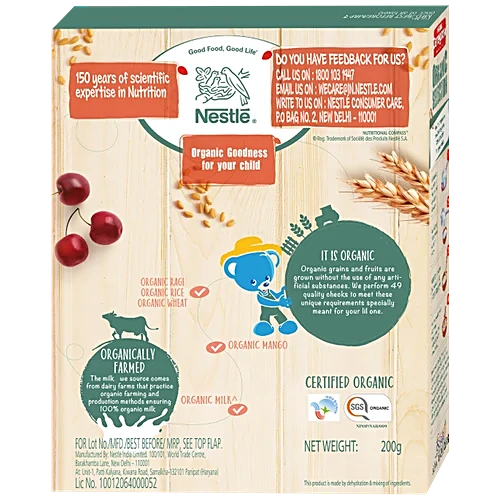 Nestle Ceregrow Organic Selection - Multigrain Cereal With Ragi & Mixed Fruits, 2-5 Years, 200 g Bag In Box