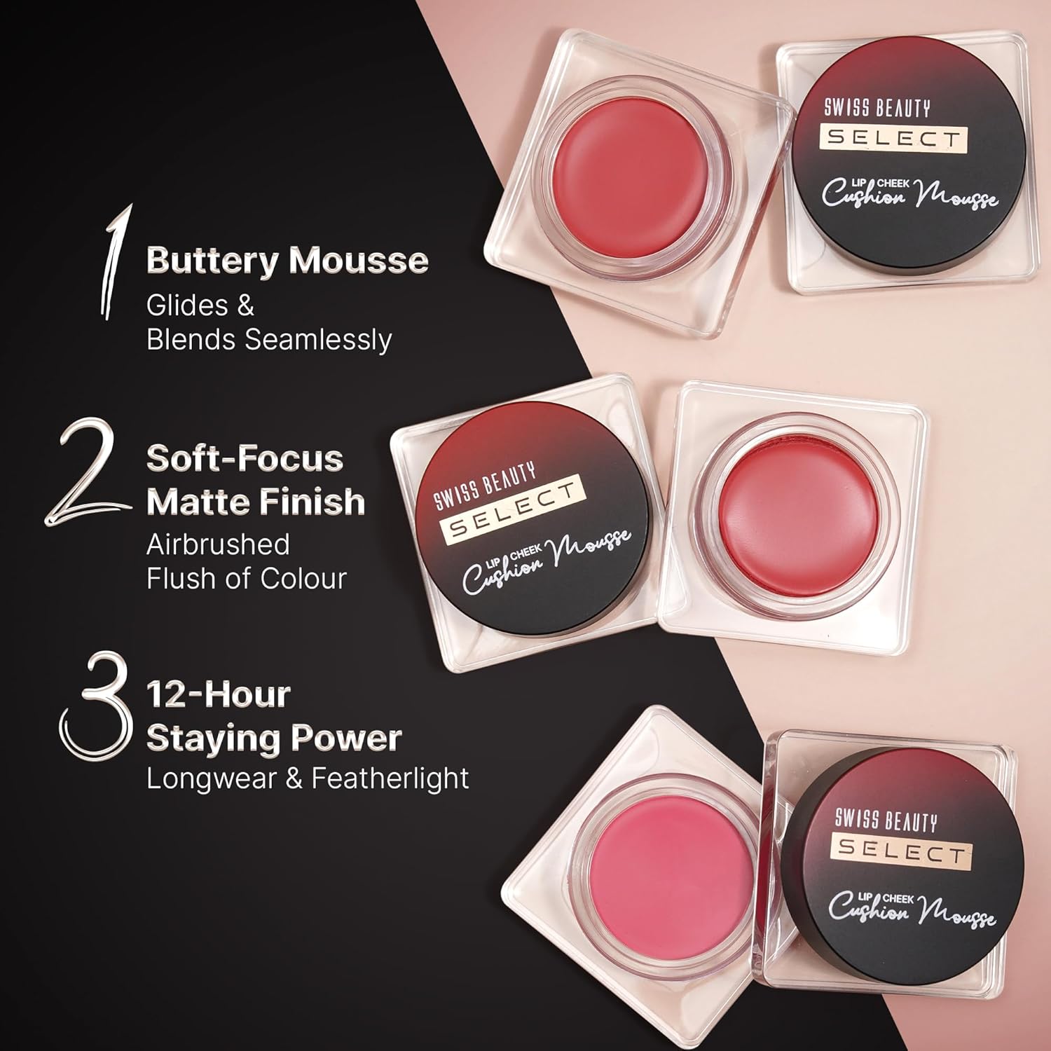 Swiss Beauty Select Lip And Cheek Cushion Creamy Mousse with Vitamin E | 12 Hours Stay | Shade- Vogue Rose, 4.5gm |