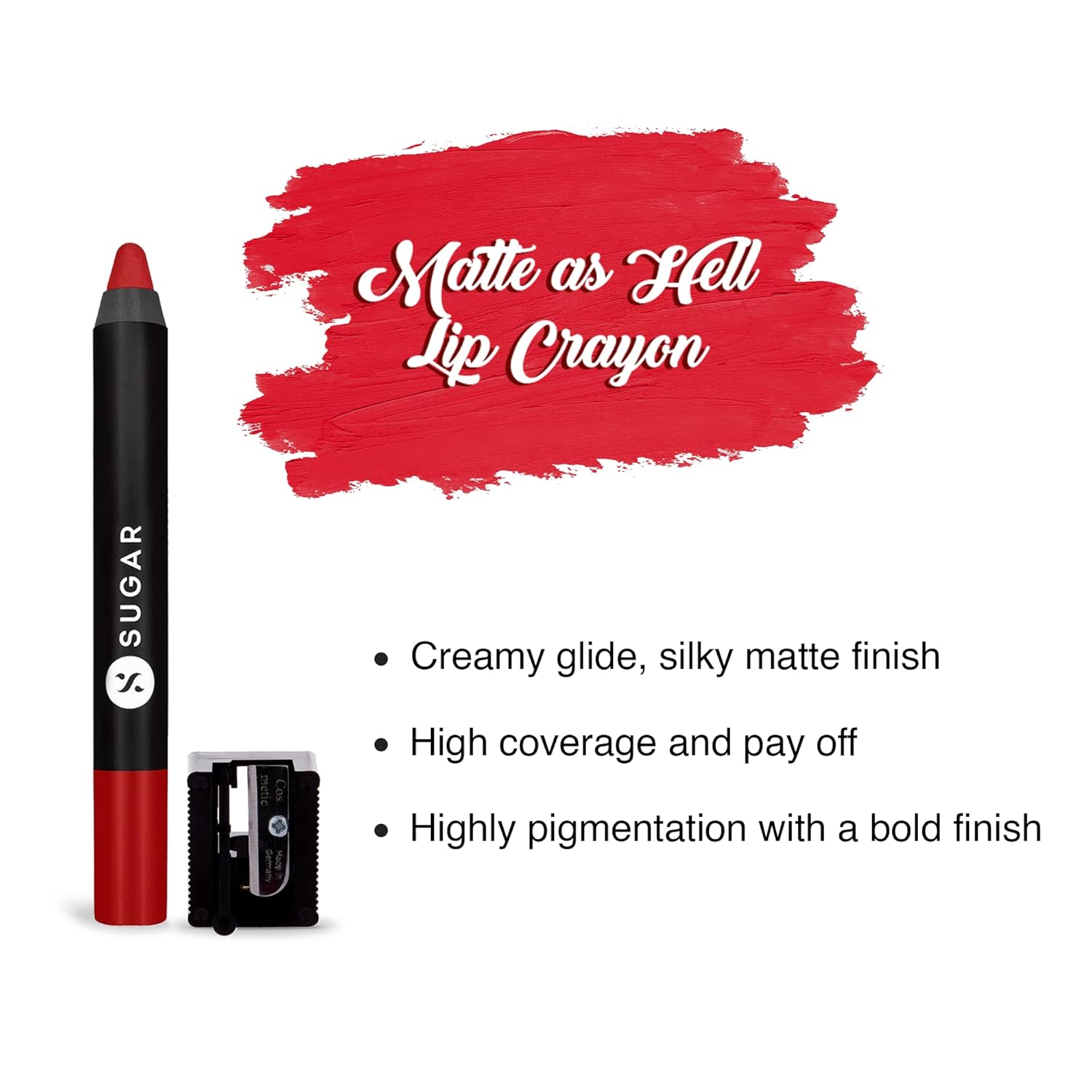 SUGAR Cosmetics Matte as Hell Crayon Lipsticks for Women | Lasts Up To 8+ Hours | Lip Crayon with Sharpener | 2.8gm - 11 Elle Woods