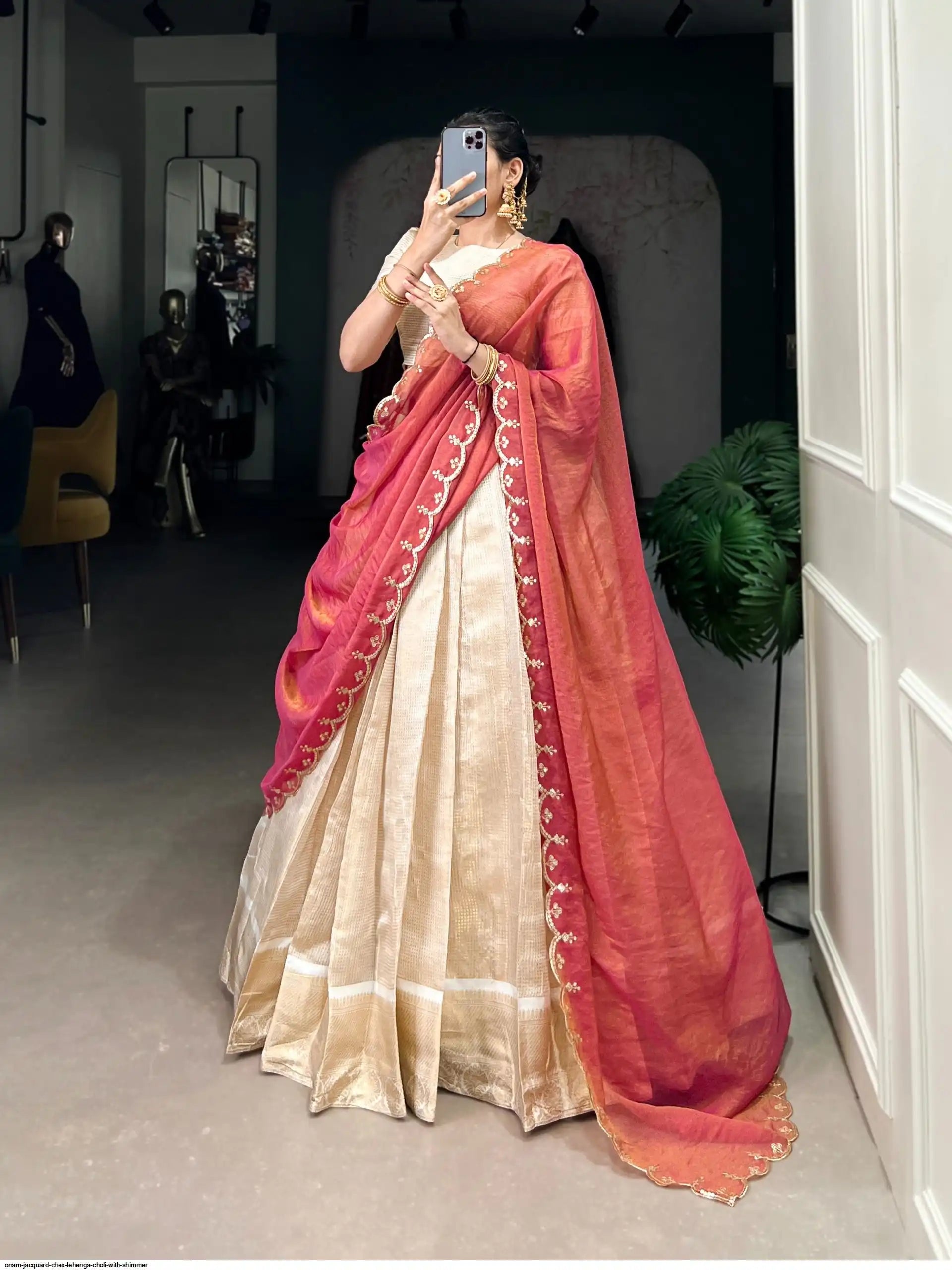 ONAM JACQUARD CHEX LEHENGA CHOLI WITH SHIMMER
