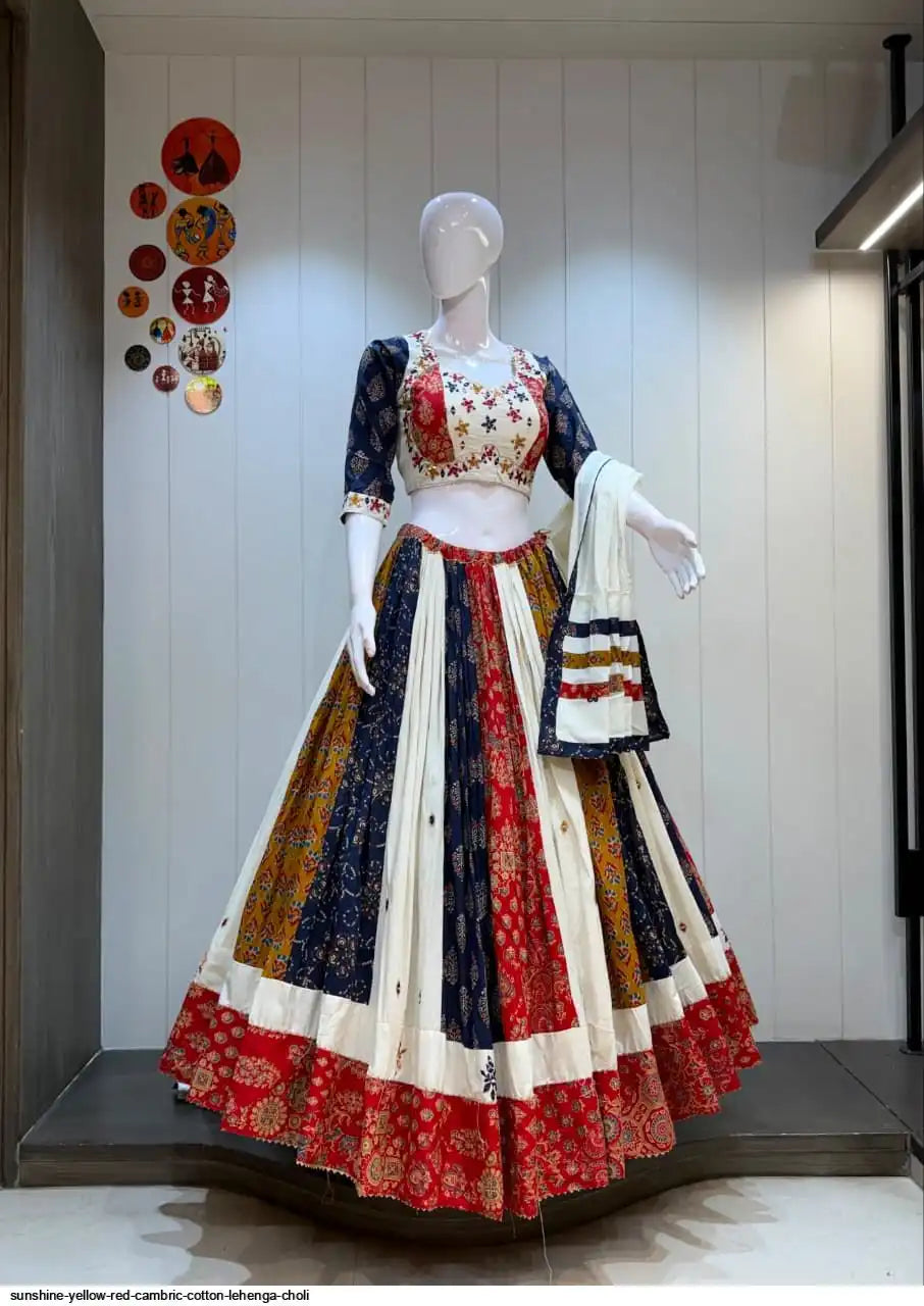 SUNSHINE YELLOW RED CAMBRIC COTTON LEHENGA CHOLI