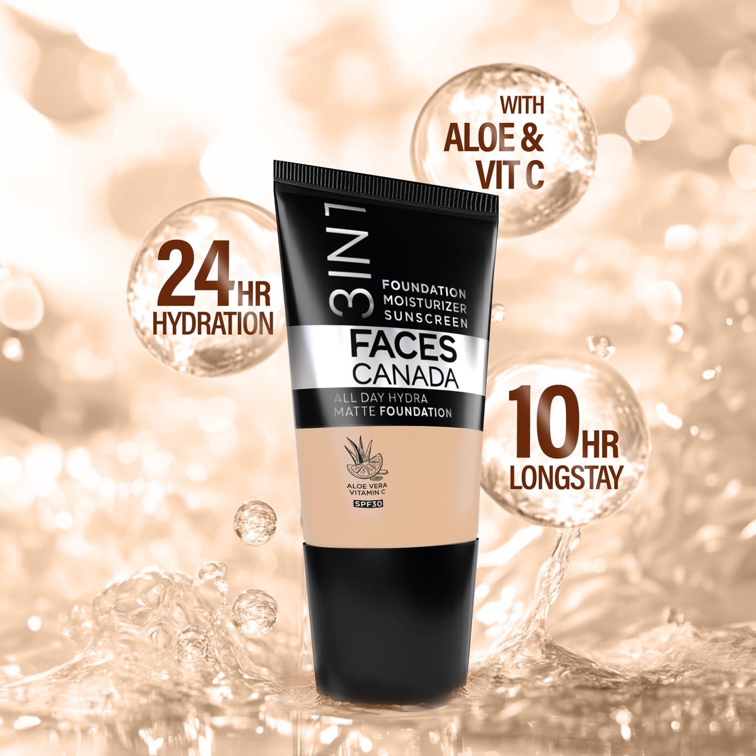 ACES CANADA All Day Hydra Matte Foundation - Mini | 3in1 Foundation + Moisturizer + SPF 30 | 24 HR Aloe Hydration & Vitamin C | 10HR Wear | Medium to High Buildable Coverage | Caramel Natural (18 ml)